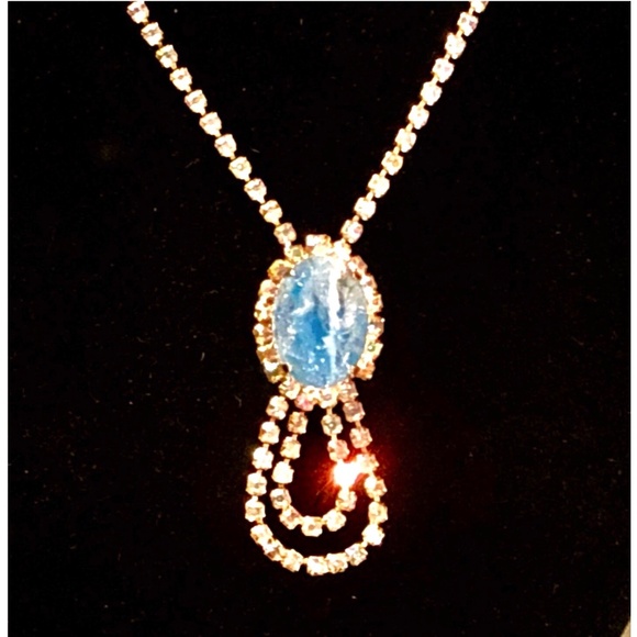 VTG Clear AB Rhinestone and Sky Blue Stone Pendant Necklace~ Occasion Wedding - Picture 2 of 10